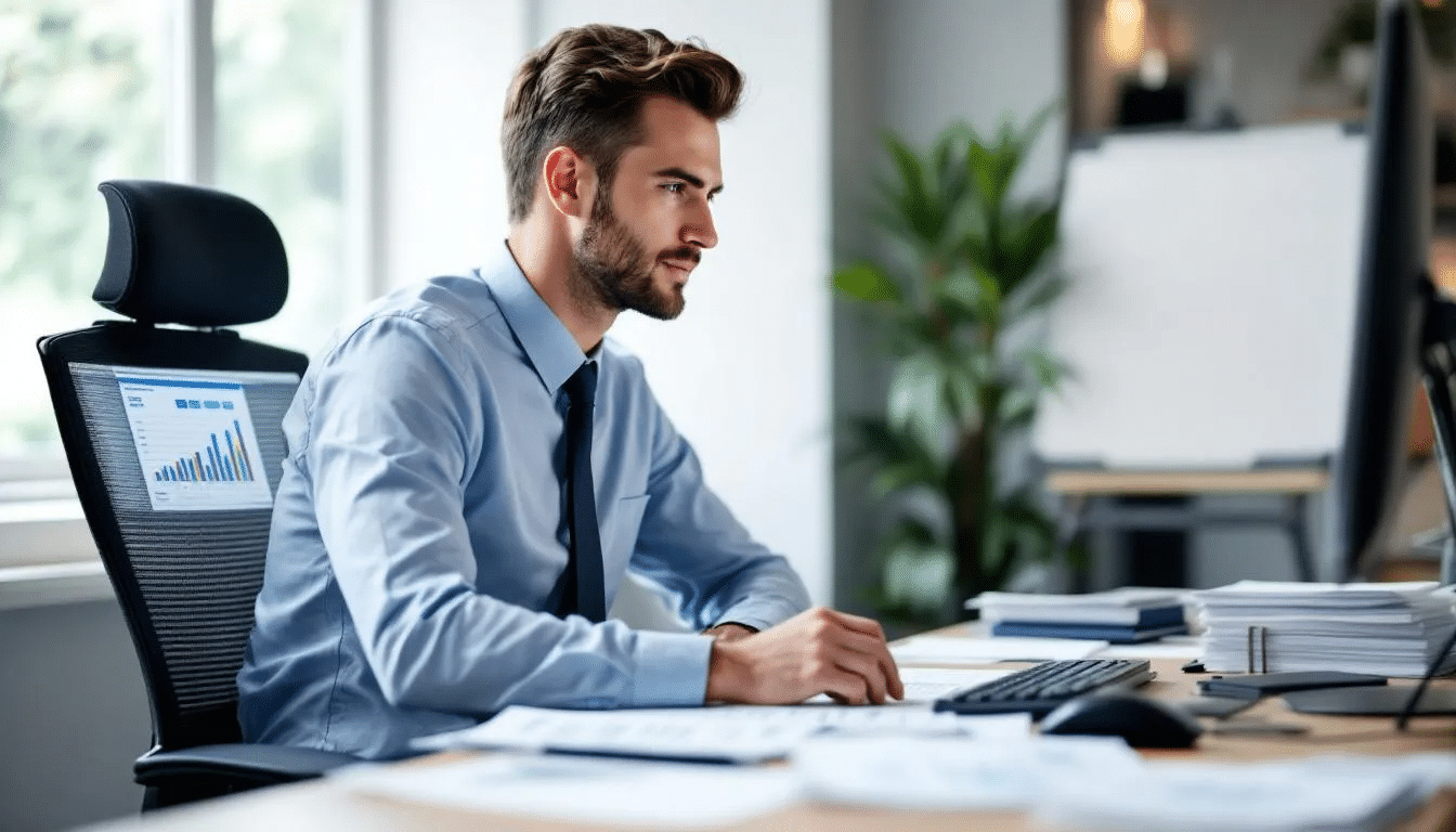 A man is seated at a desk, focused on his laptop as he utilizes automated invoice processing software to manage incoming invoices. The scene highlights the efficiency of invoice automation, reducing the need for manual data entry and streamlining the invoicing process.