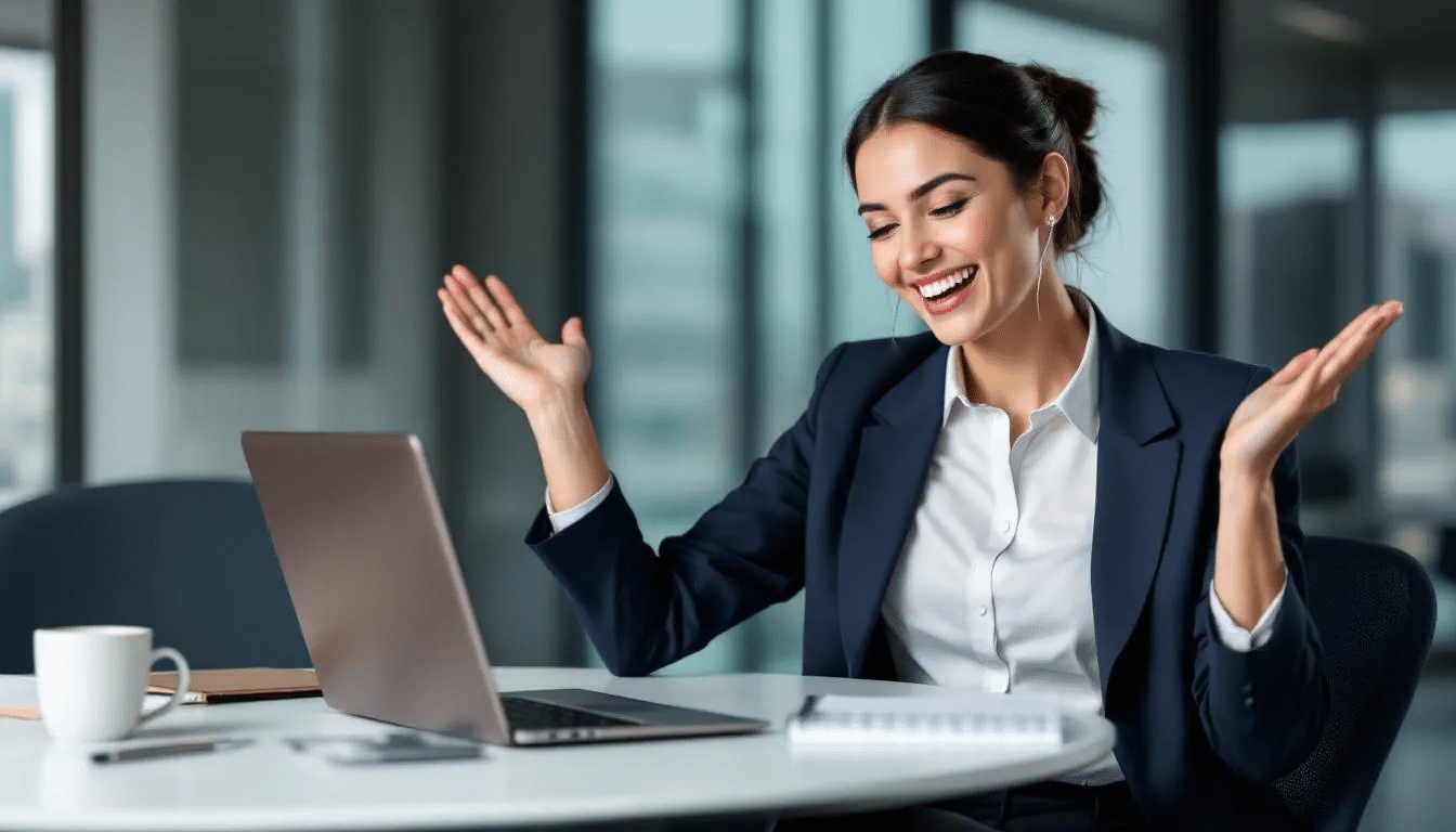 A businesswoman is sitting at her desk, looking at her computer screen with a joyful expression, celebrating a successful moment in her work. This scene highlights her engagement with the procurement process, possibly reflecting on the benefits of e-procurement and effective supplier management.