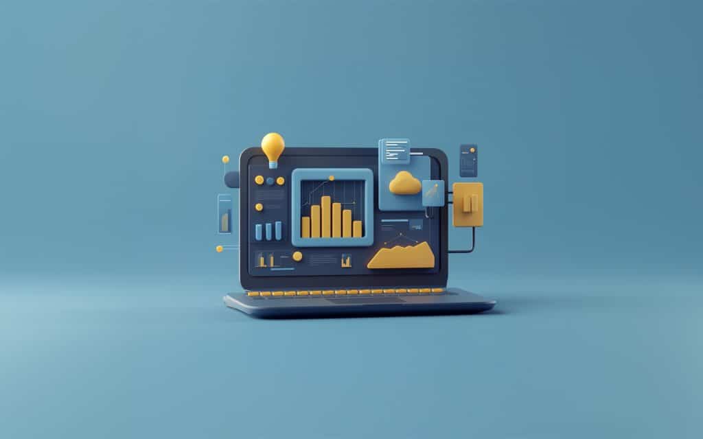 3d image of a laptop with multiple graphs and modules