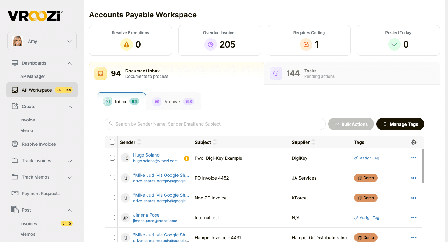 Vroozi Accounts Payable Workspace showing the document inbox, tasks, overdue invoices, and coding items