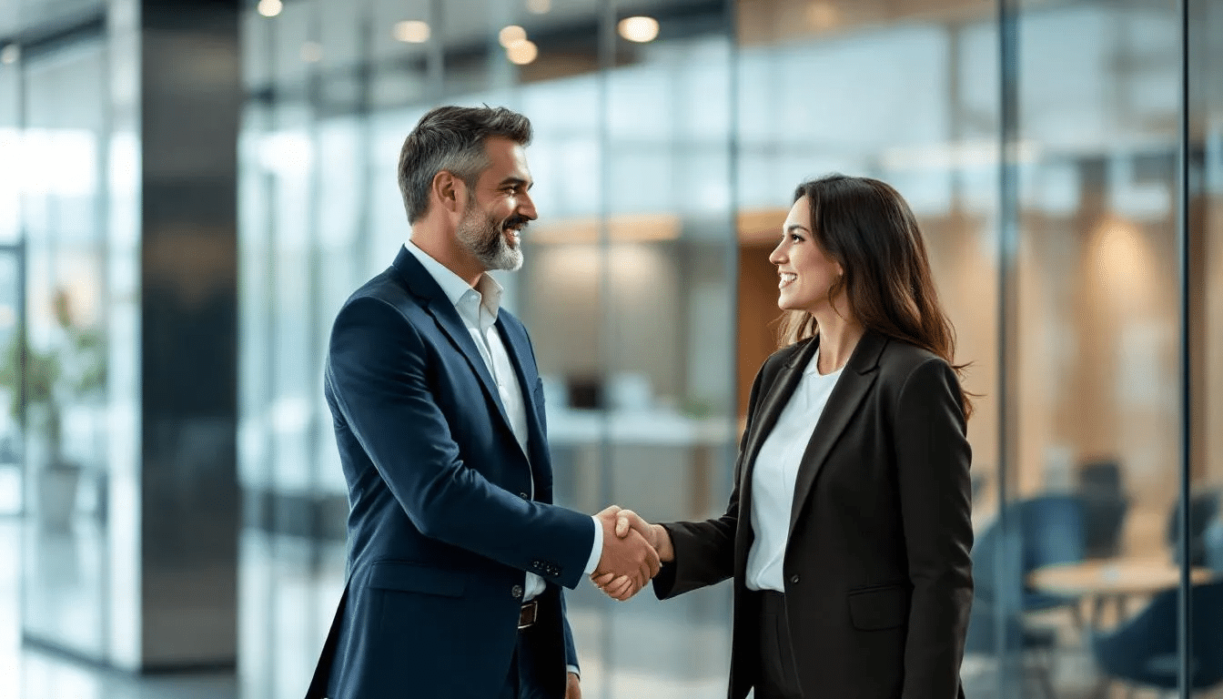 In the image, two business professionals are shaking hands, symbolizing the establishment of a strong supplier relationship within the global trade landscape. This gesture reflects the importance of collaboration in navigating procurement strategies and managing tariff impacts in supply chain operations.