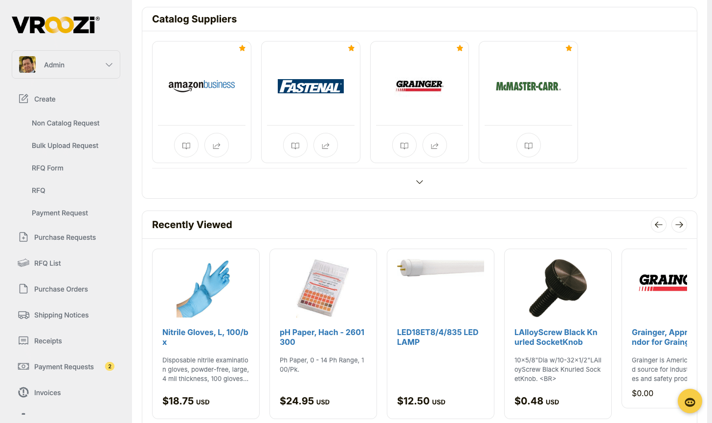 Vroozi Marketplace showing preferred industrial suppliers and recently viewed maintenance items
