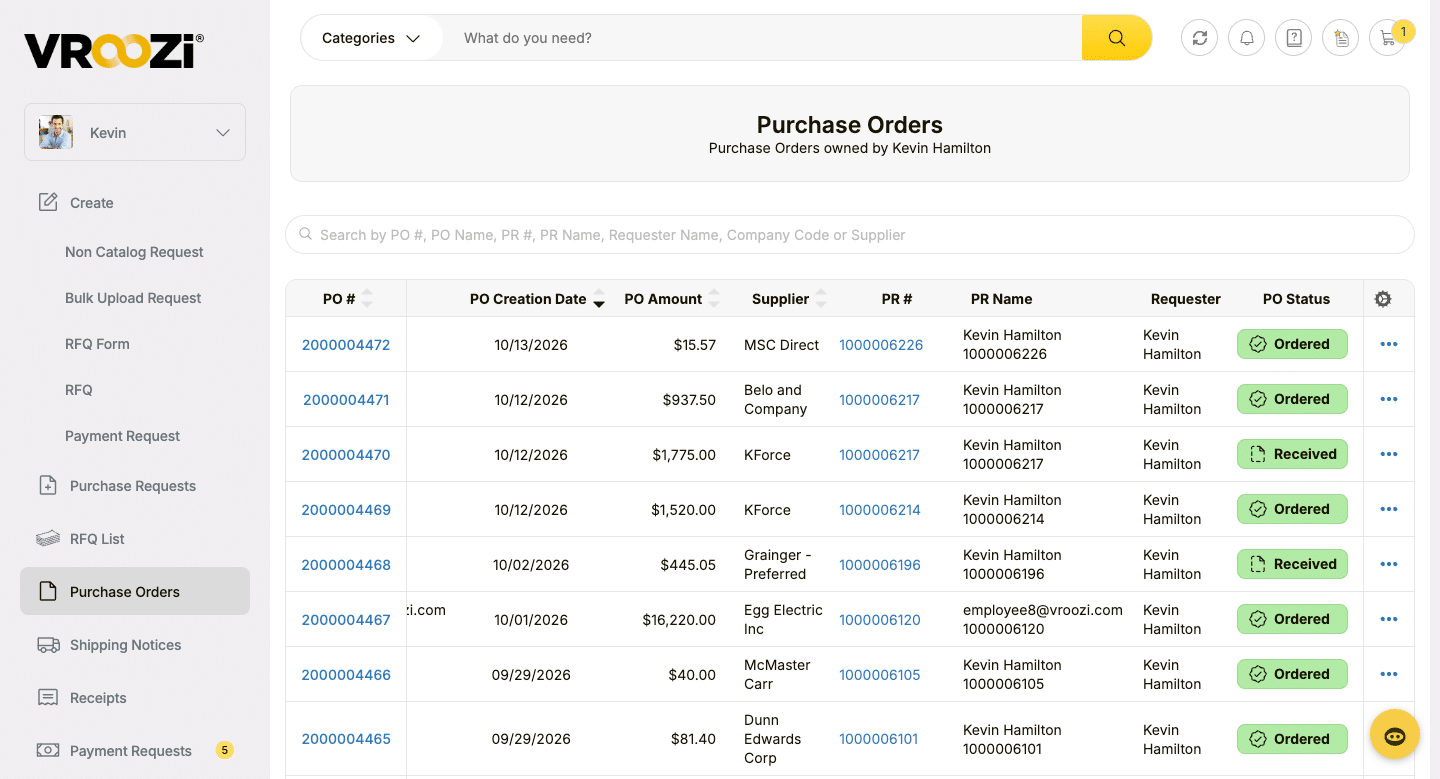 Vroozi purchase orders and order status table