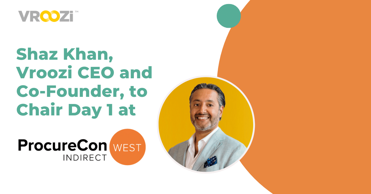 a graphic highlighting Shaz Khan of Vroozi as the chair for Day 1 at ProcureCon