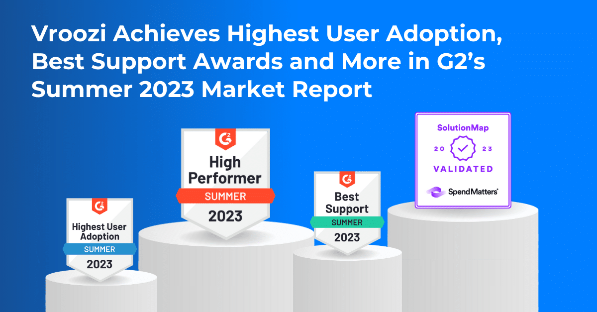 Vroozi's G2 Summer 2023 Awards for Highest User Adoption and Best Support